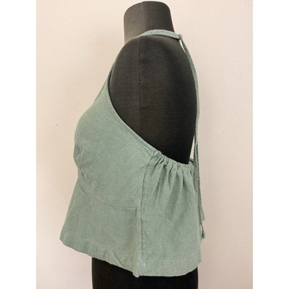 Free People Free-Est Melted Away Cotton Linen Cropped Top Sz Small Halter Green
